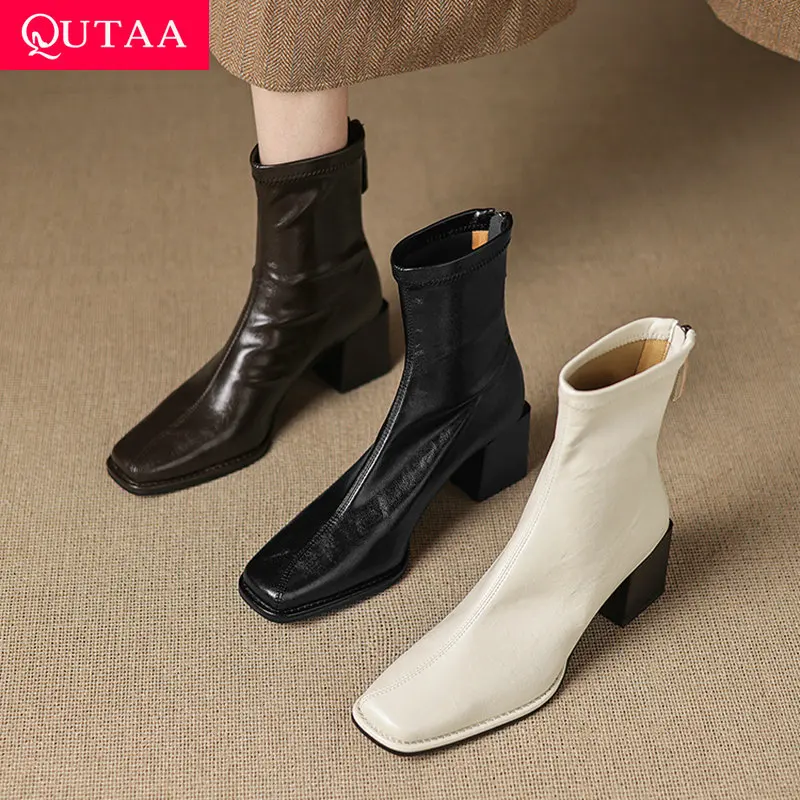

QUTAA 2026 Fashion Women Ankle Boots Winter Shoes Microfiber Autumn High Heels Zipper Stretch Round Toe Short Boots 34-40