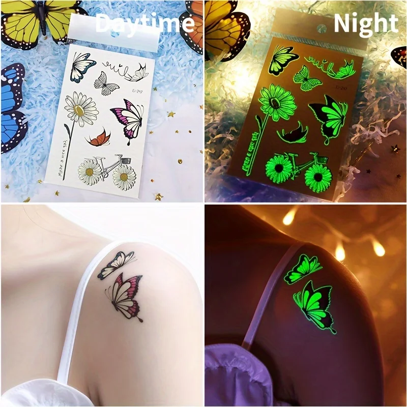 14 vibrant Glow-in-the-Dark papillon tatouages temporaires-coloré corps Art autocollants, parfait pour les faveurs de fête d'anniversaire, musique