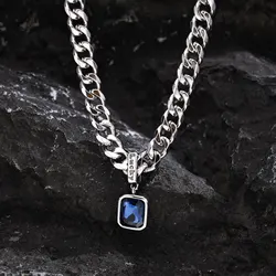 Hiphop Chunky Cuban Chain Necklace for Men Boys,Stainless Steel Lucky Words Square Stone Pendant Collar,Trendy Birthday Gift