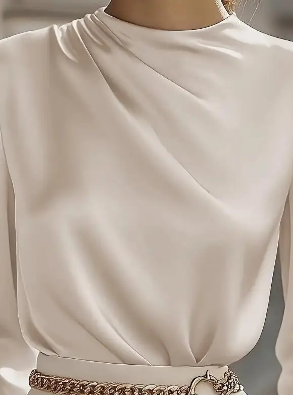 بلوزات نسائية أنيقة مزاجه التنقل الإناث الملابس اليومية بسيطة مطوي عالية الرقبة فانوس كم قميص علوي للنساء #5