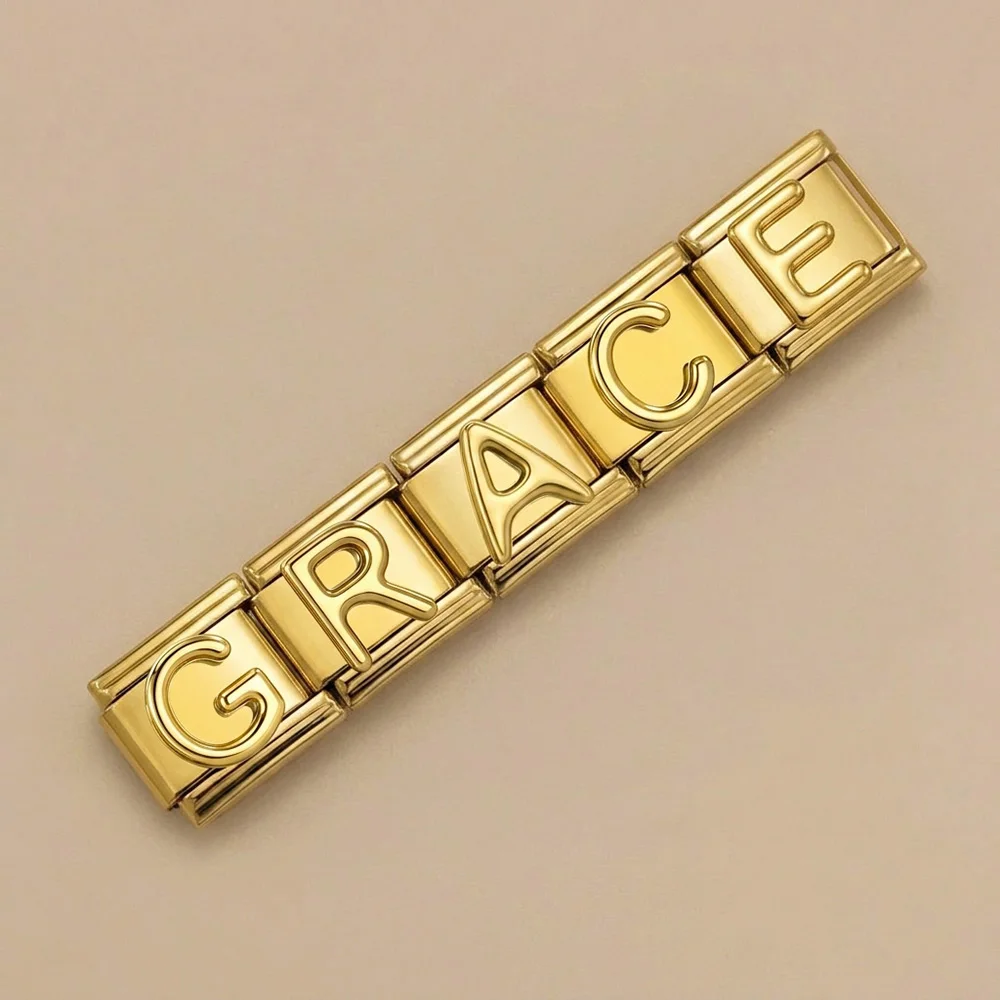 GEMOSA 9mm Italienische Armband-Charms in Großpackung, Goldfarben, A-Z 26 Buchstaben, Edelstahl, DIY-Namen, 3D-Stereoskopische Schmuckherstellung, Trendig – Detail 5