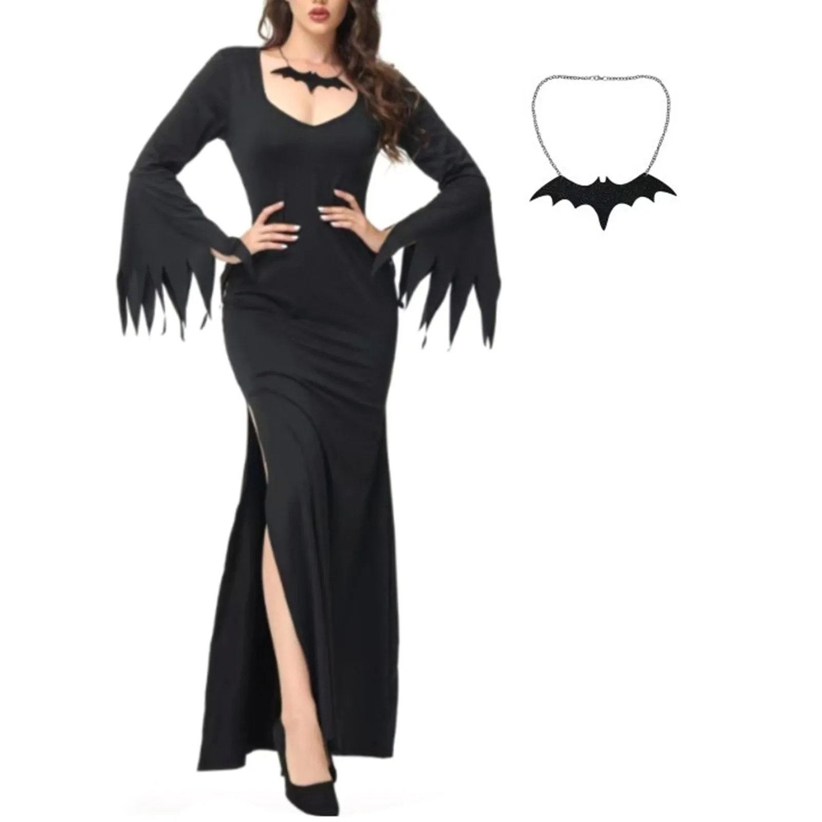 

Halloween Dress Without Necklace Women's Gothic Black Witch Long Skirts Elastic Slim Fit Bat Sleeve Side Slit Sexy Cosplay Dress