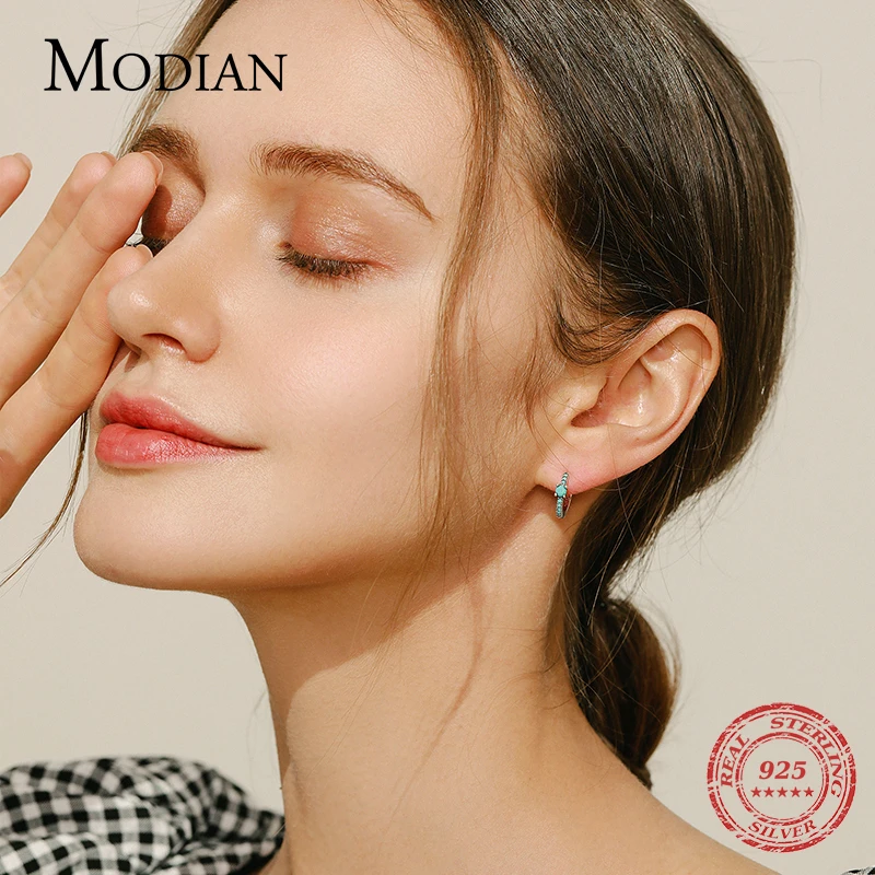 MODIAN Vintage Natural Turquoise Hoop Earrings Solid 925 Sterling Silver Luxury Trendy Earring For Women Wedding Jewelry Brincos