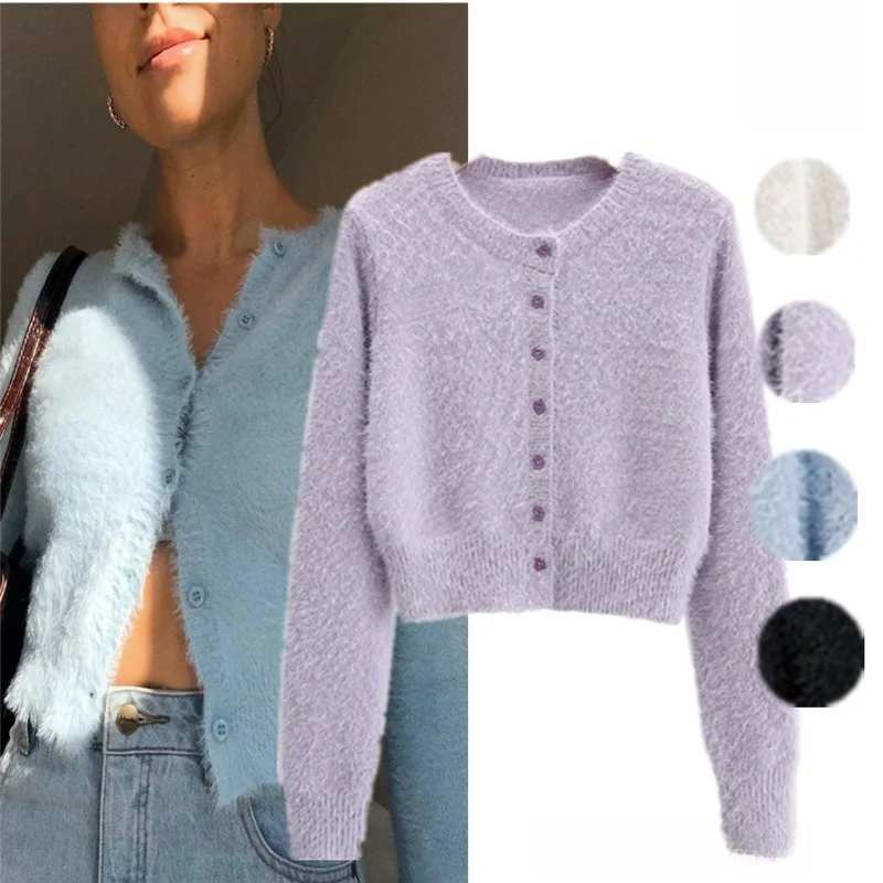 

American Sle ort Sve Long Sve Soft Camere Needle Paper Small Open Cardigan Slim Button Skin-friendly Top