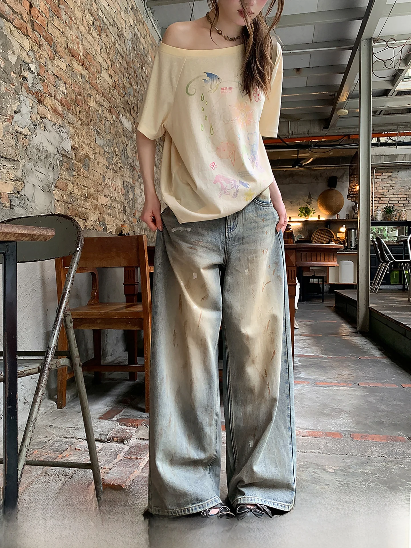 

Retro American Style Distressed Design Denim Jeans High Waist Wide Leg Ladies Jeans Cannon Brand Summer Collection