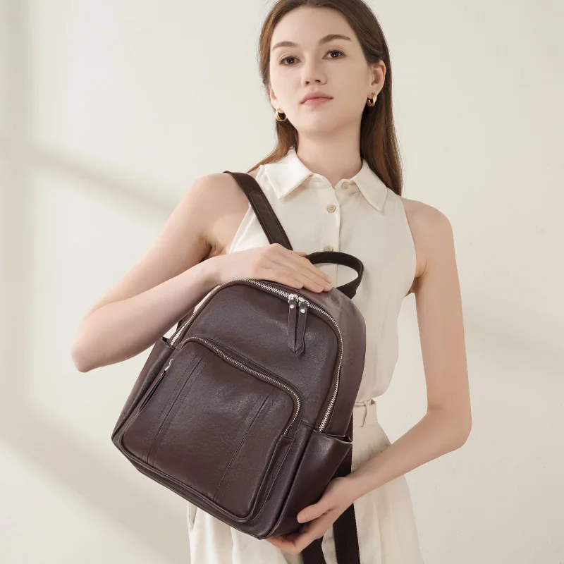 Zency Women's Backpack Large Women's Bag Genuine Leather Retro Rucksack for Daily Work Travel European and American-Style Bag