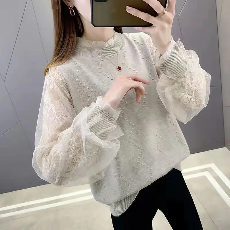 Women\'s Round Neck Lace Mesh Spliced Sweaters Thin Solid Color Fashion Knitted Long Sleeve Jumpers Spring Female Clothing 2022