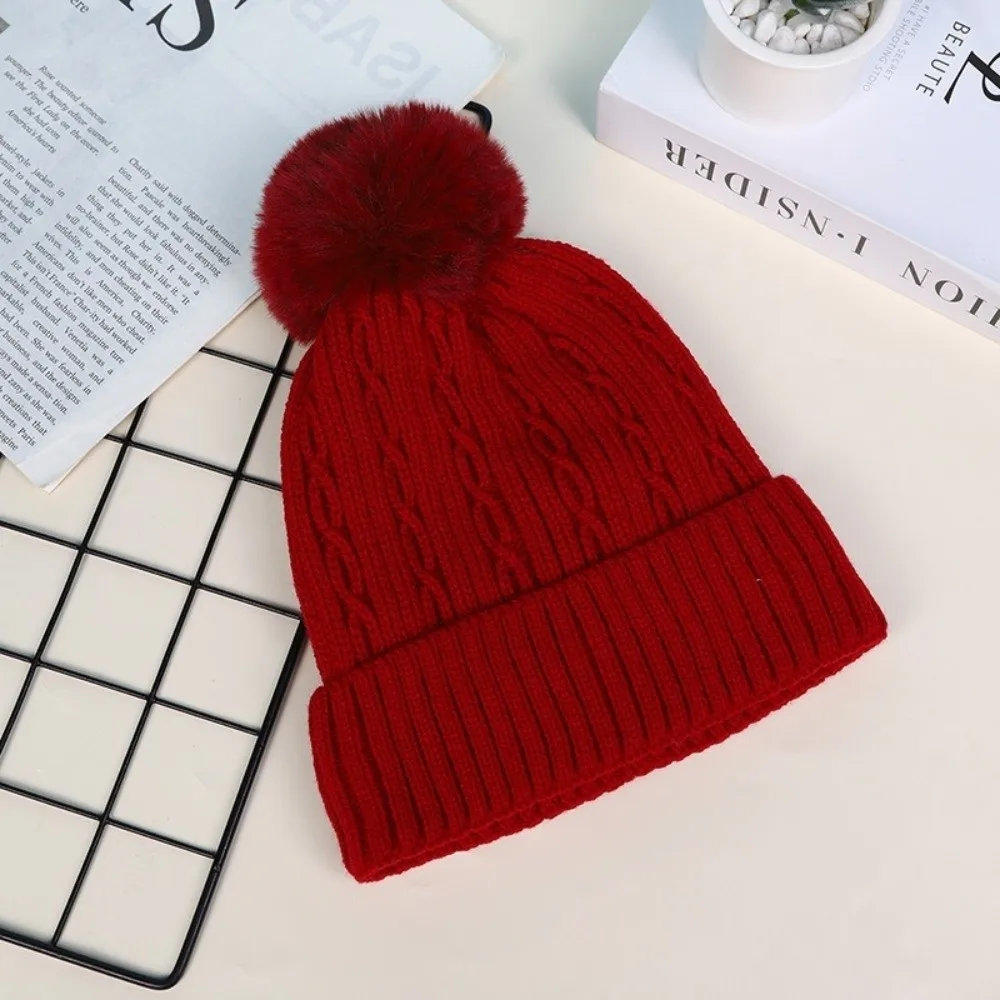 Fashion Winter Warm Pullover Cap with Fluffy Ball Earmuffs Knitted Hat All-match Solid Color Beanies Cap for Male Female