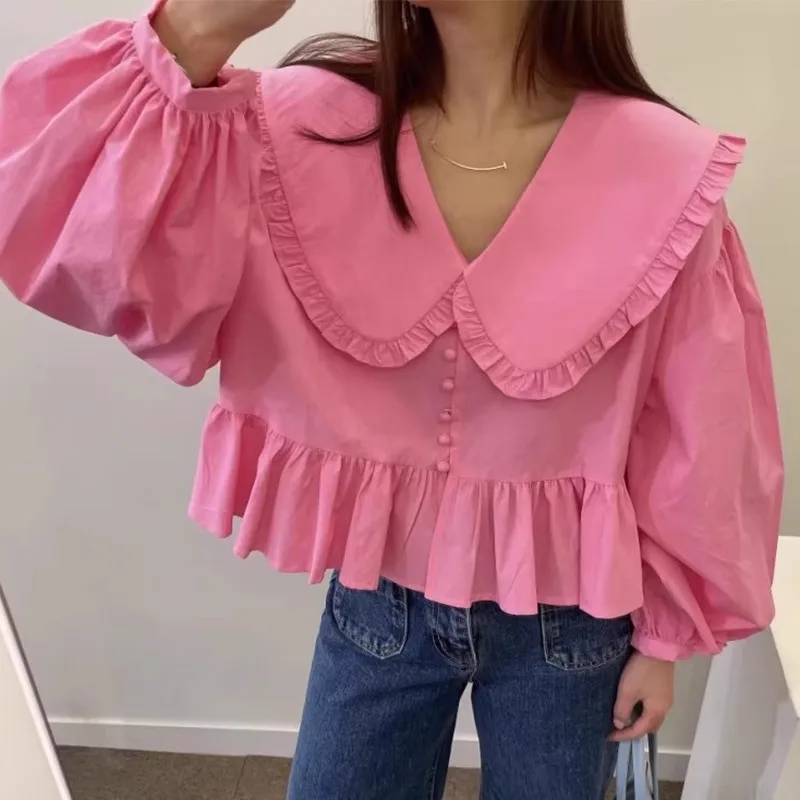 Neploe Korean Sweet Lapel Neck Shirts Women 2024 Spring New Loose Fungus Blusas Mujer Y2k All-match Puff Sleeve Blouses