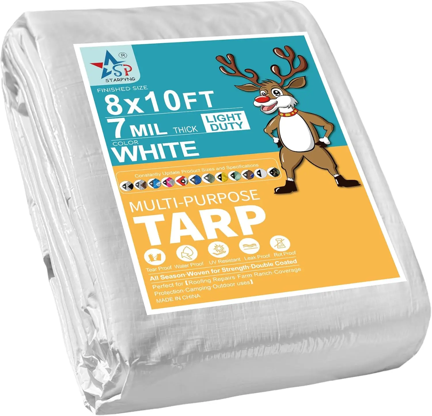 

7 Mil White 8x10 Feet Waterproof Tarpaulin - UV, Rip & Tear Resistant with Reinforced Edges for Multipurpose Cover