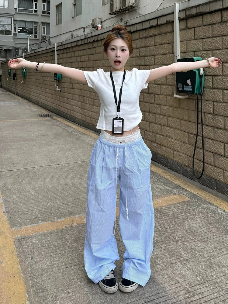 High Waist Extra Long Lace Patchwork Blue Vertical Stripes Wide Leg Casual Pants Women Summer Loose Floor-Length Trousers