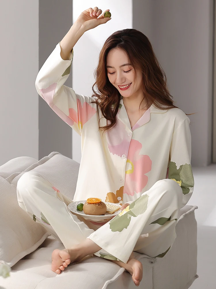 Women's Pajamas Set Spring Print Home Clothes White Pijama Pour Femme 100% Cotton Pyjamas Lace Sleepwear 2pcs Loungewear