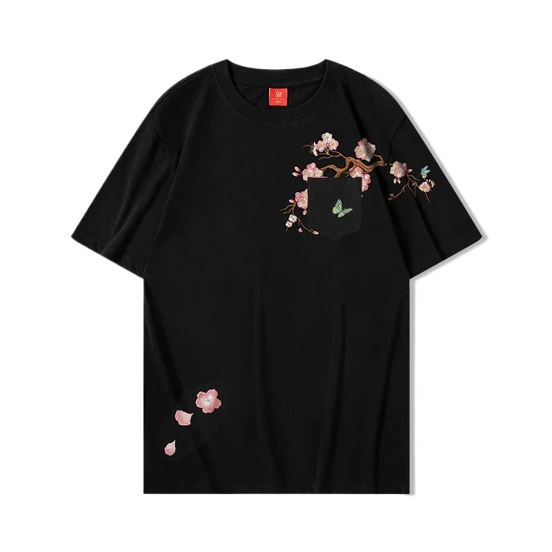 Summer Men T Shirt Harajuku Embroidery Flower Vintage T Shirt Cotton Short Sleeve Japanese Designer Tees Baggy Pocket Youth 2024