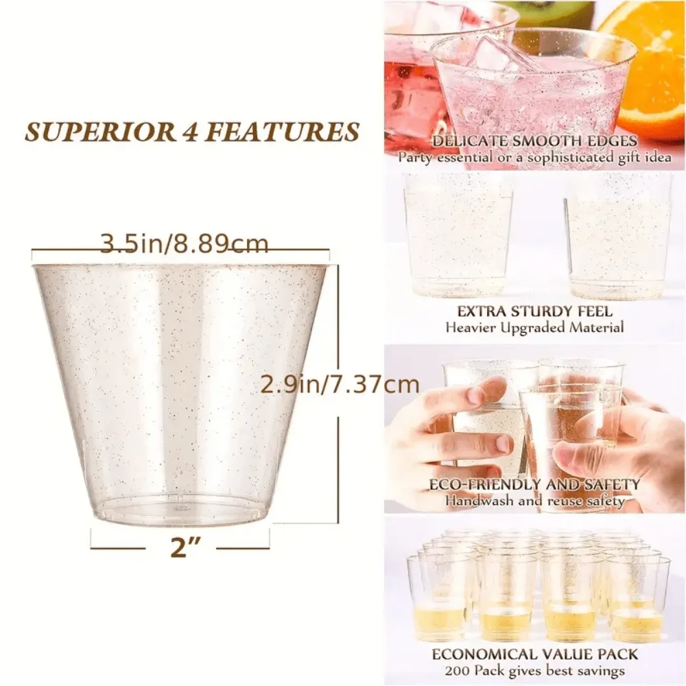 10/50/100pcs  9OZ Disposable Plastic Water Cup Gold Powder Wine Cup Silver Powder Whiskey Cup Juice Cup Dessert Cup Mousse Cup