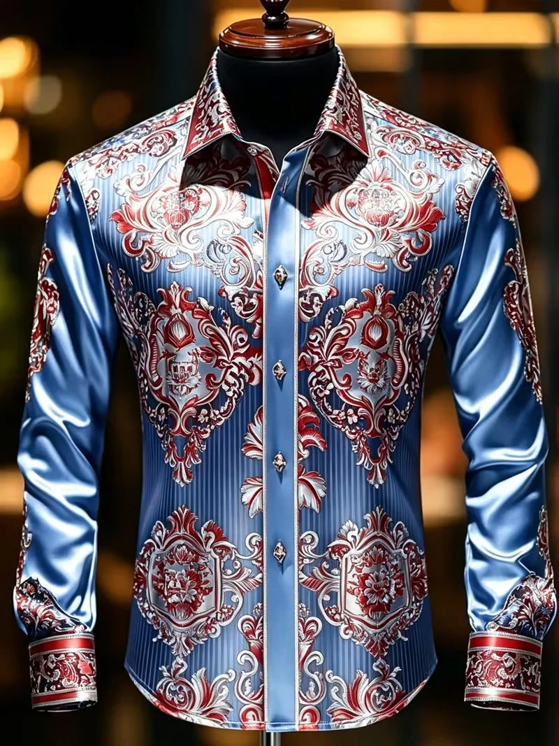 

New Minimalist Technology Men's Top Gradient Silver Bright Satin Bottom Light Silver Line Printed Long Sleeve Shirt