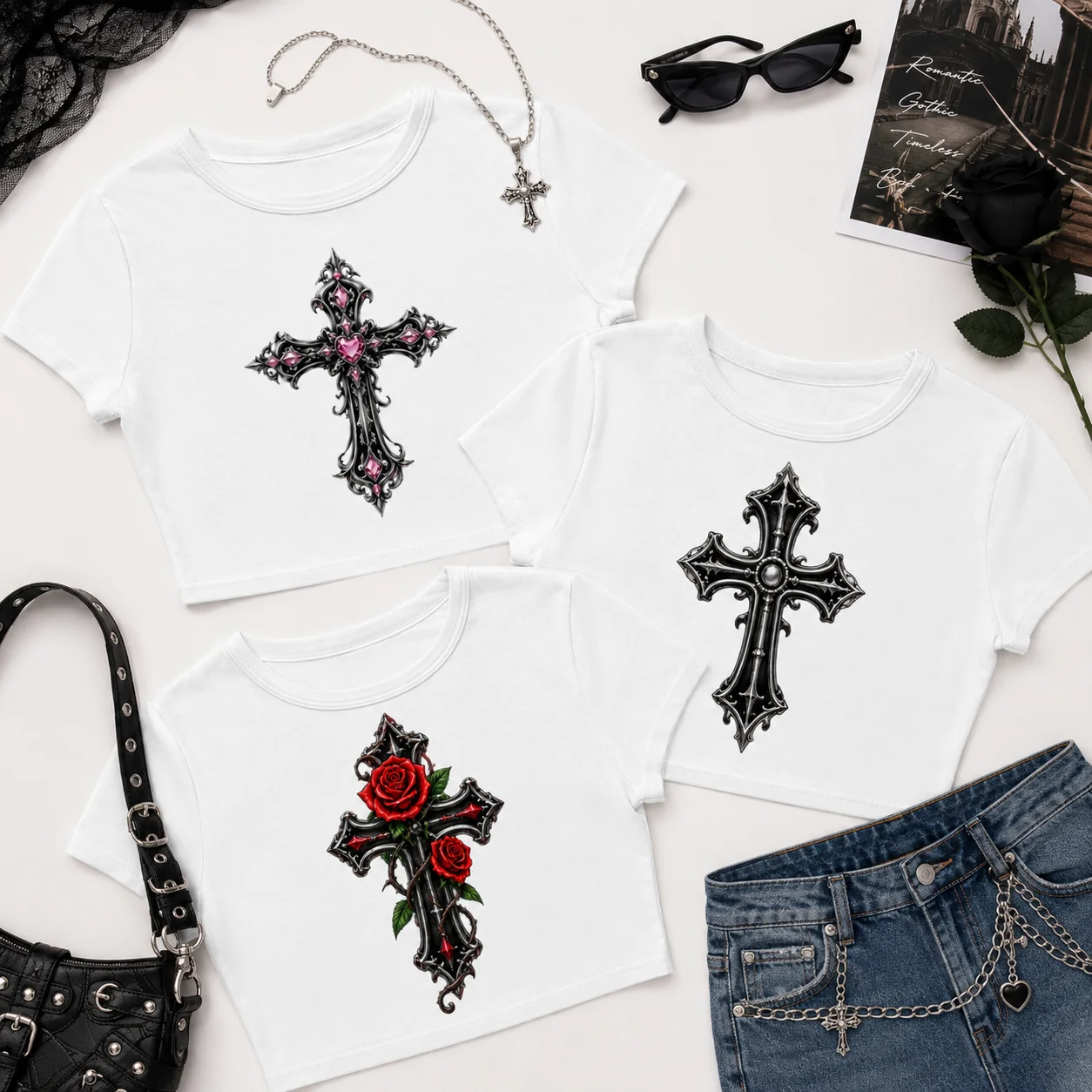 Crop Tops Cute The Crossed-armed God Graphic Print White Short-Sleeved T-Shirt Casual Summer Minimalist Women's Style Top O-Neck