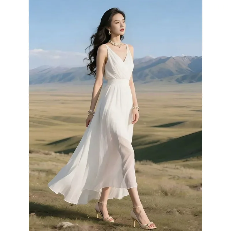 

party dresses 2026 Summer French Elegant Sleeveless Long Chiffon Dress Women High Waist Slim Fit Vacation Style Beach Maxi Dress