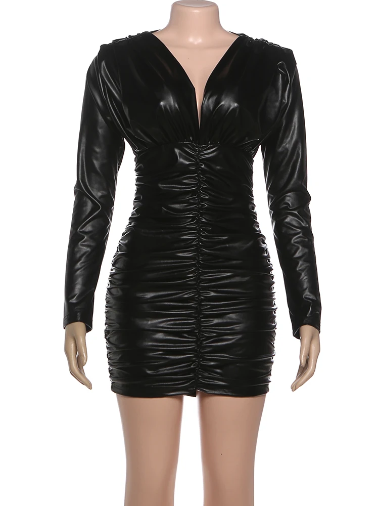 Nibber Autumn Trend Dress Women Sexy Faux Leather Folds Full Sleeve Hottie Skinny Midnight Street Simple Classic Mini Bodycon
