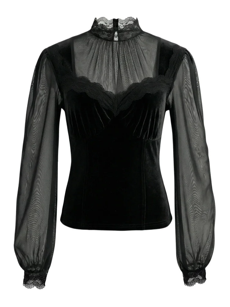 Vintage Elegante Mesh-Damenbluse Schwarze Transparente Slim-Fit Bluse mit Hohem Kragen Spitze Gothic Punk Korsett-Top Langarm Samt Mode-Blusen – Detail 7