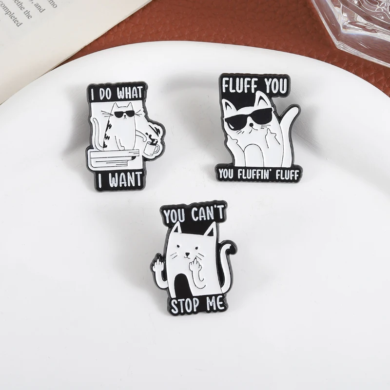 I Do What I Want White Cat Enamel Pins You Can't Stop Me Kitten Middle Finger Brooches Lapel Badge Jewelry Gifts for Friends