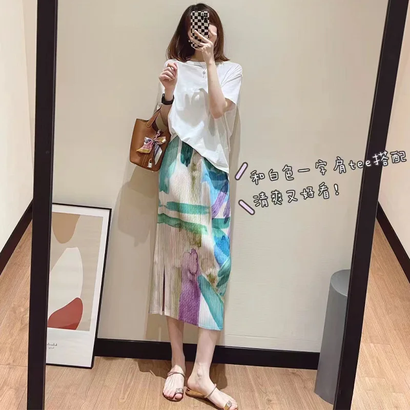 

Miyake Style Comfortable Casual Print Slim Fit Elegant Fashion Pleated Skirt Women 2024 Summer New Style