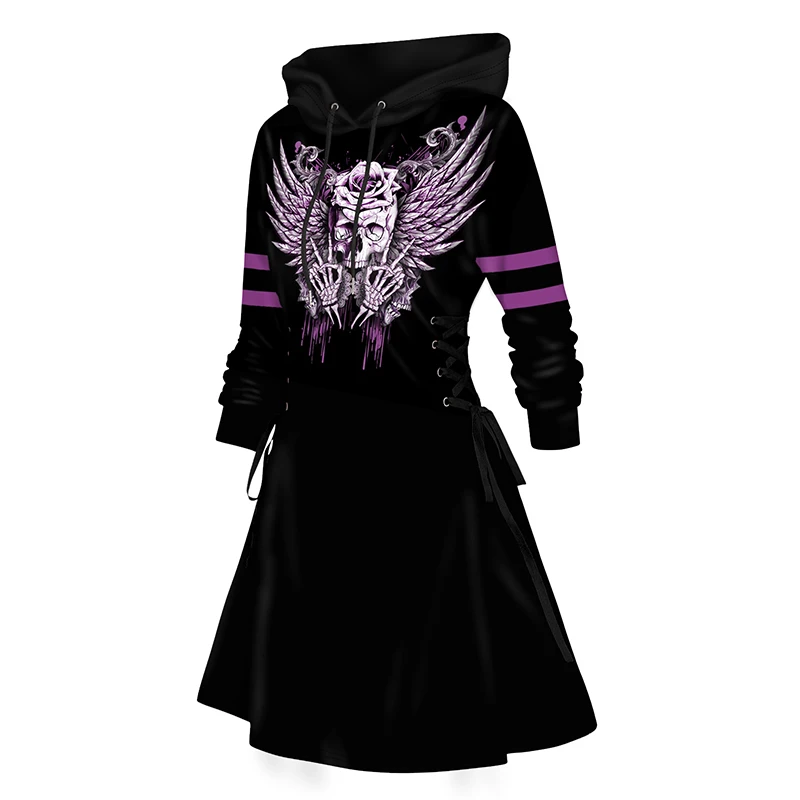 

Dressfo 2024 Womens Halloween Lace Up Hoodie Dress Skull Skeleton Hand Rose Wing Stripe Print Drawstring Dress With Hooded