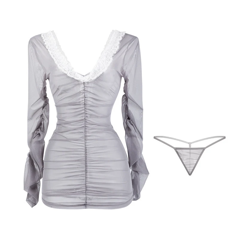 

Female Underwear Stamp Hollowed Out Ultra-thin Uniform Beautiful Suspender Tight Nightgown Dress Set