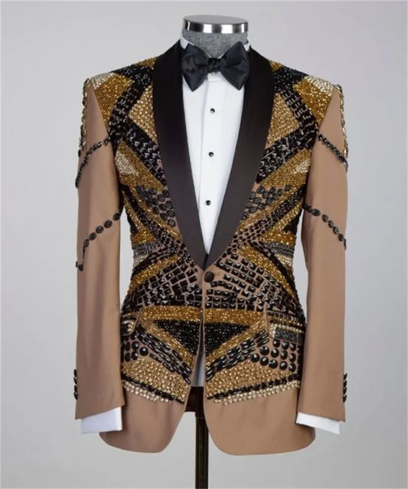 

Dark Champagne Men Suits Set 2 Piece Blazer+Pants Trousers Crystals Groom Wedding Tuxedo Custom Made Prom Jacket Dress Coat
