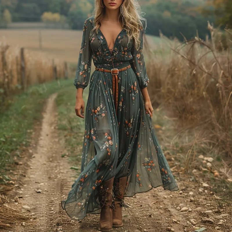 Damska sukienka maxi z dekoltem w serek, wiązana w pasie, w kwiaty, z falbankami, długim rękawem, w stylu rustykalnym vintage boho, z haftem i rozcięciem z boku.