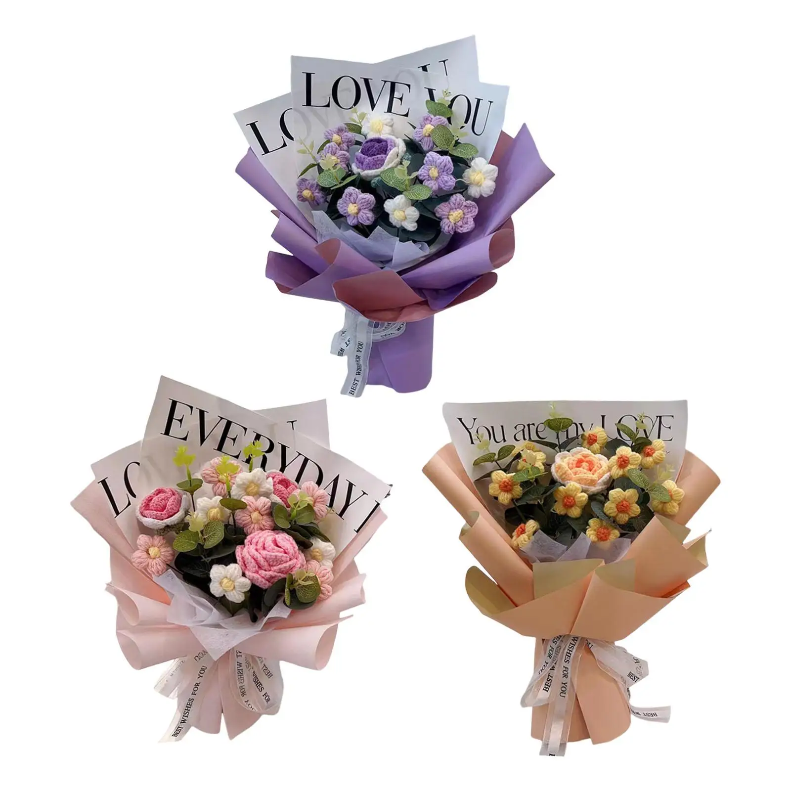 Buquê de flores de crochê feito à mão, buquê de flores falsas, decoração de flores artificiais para aniversário, noivado, aniversário