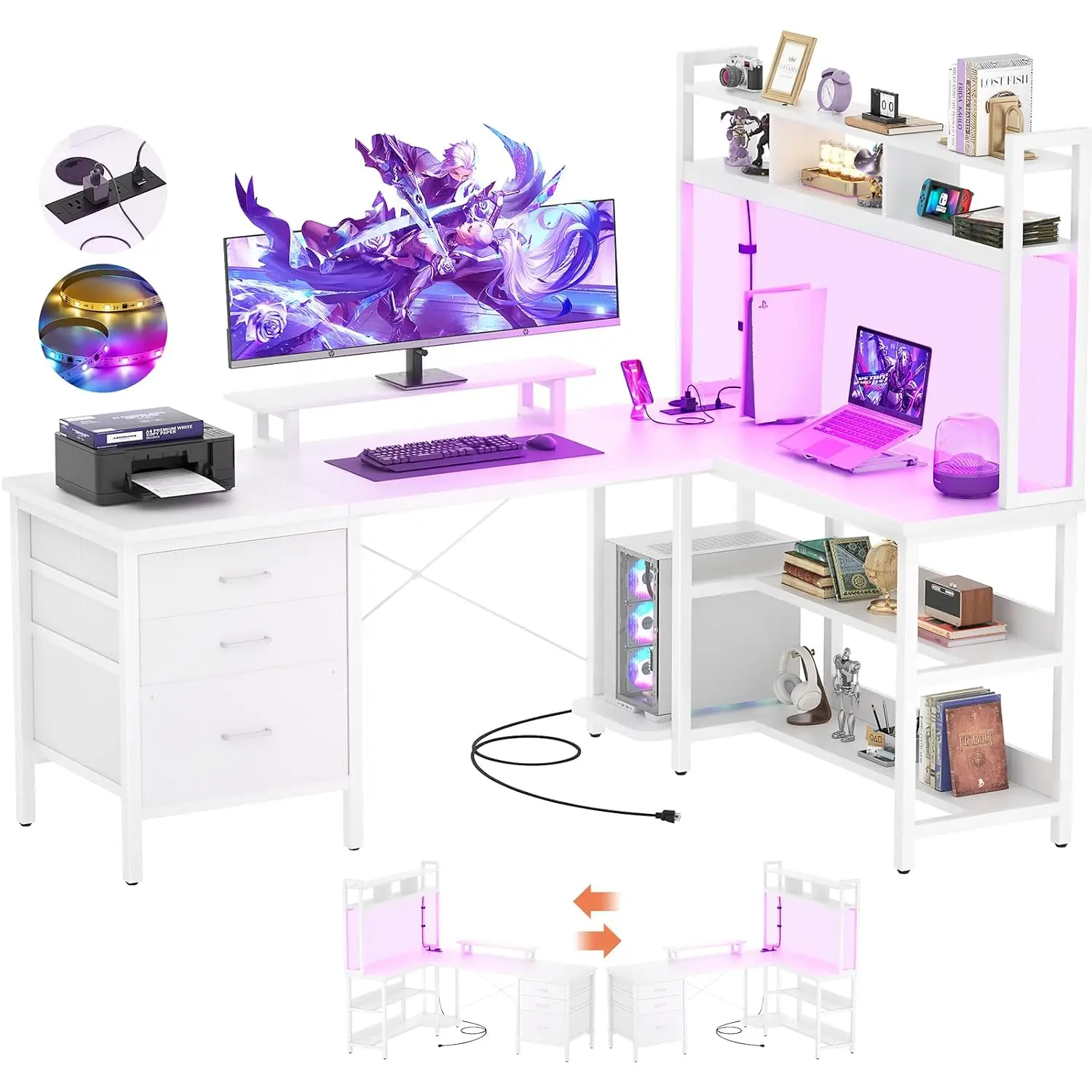 L Shaped Gaming Desk Hutch LED Lights Power Outlet Reversible File Drawer Monitor Stand Storage Shelves Home Office, Customized