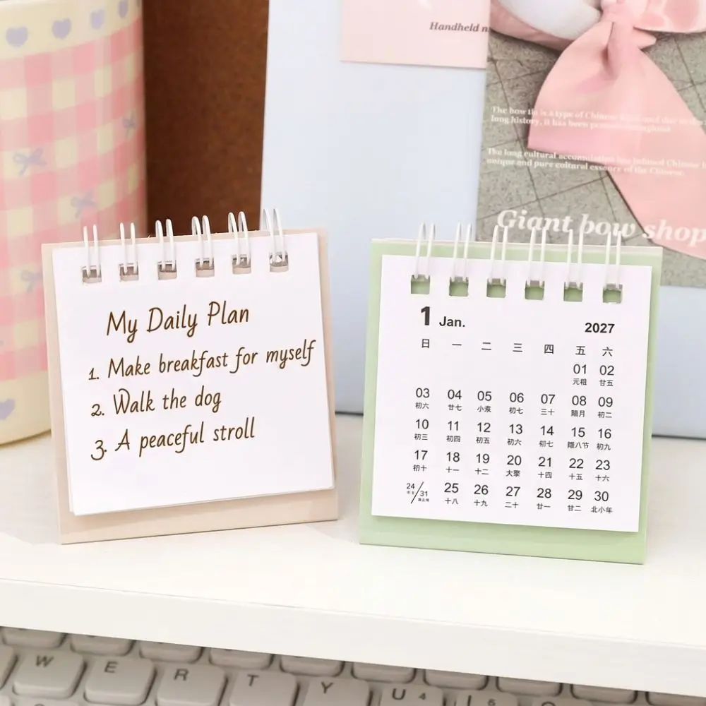 Paper Mini Desktop Calendar Twin-Wire Binding Freestanding Base Home Office Calendar Smooth Writing Thick Hard Cardboard Cover