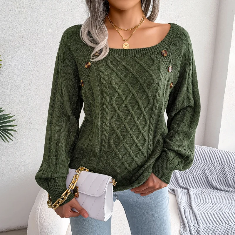 Autumn and Winter 2023 New Casual Square Neck Raglan Sleeve Geometric Casual Basics Office Lady Knitting Female Pullover Sweater