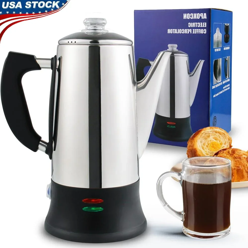 

Electric Coffee Percolator 12 Cup Stainless Steel Coffee Maker ETL Approved Automatic Keep Warm Non Drip Spout Heat Resistant