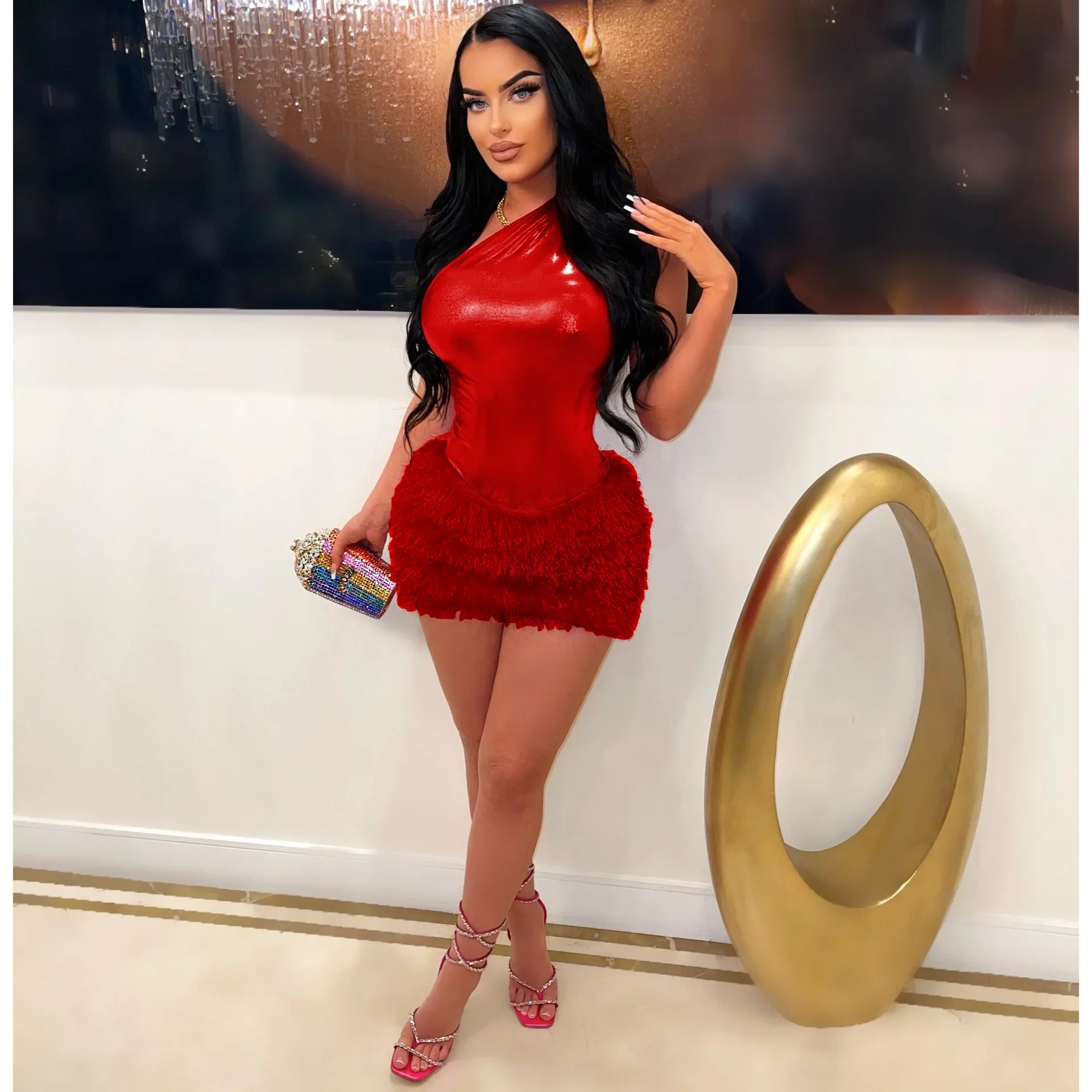 2024 Sexy Night Club Women One Shoulder Mini Dresses Faux Leather Fur Patchwork Sleeveless Party Birthday Summer Dress