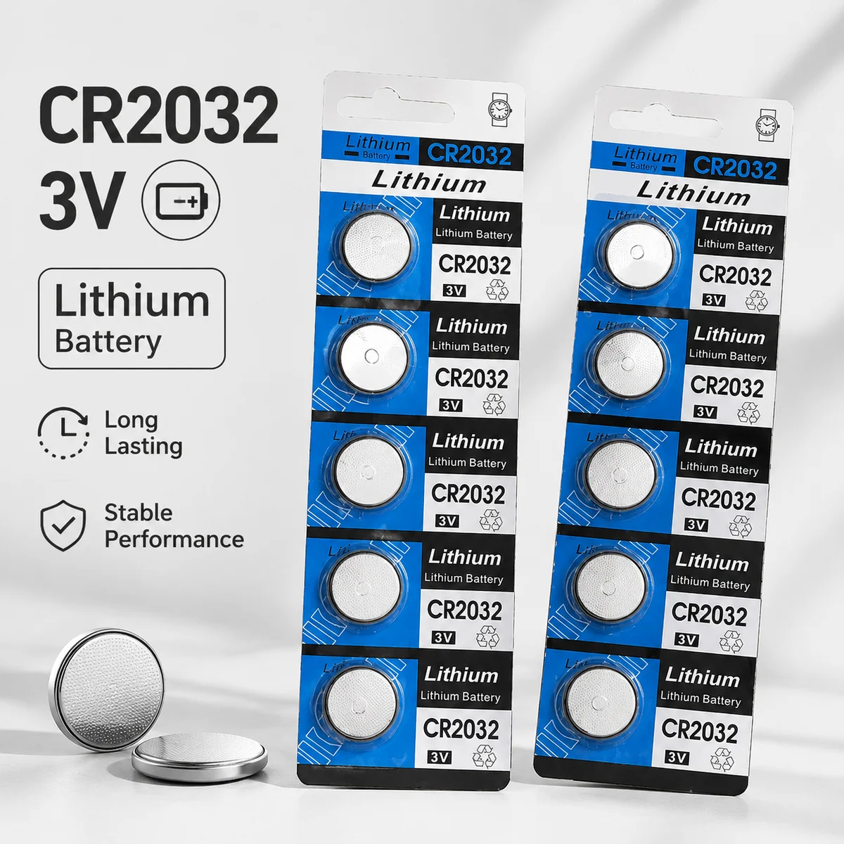 Lithium Coin Cell Battery CR2032 3V 10PCS High Capacity Button Battery for Watch Remote Control Toy Stable Power
