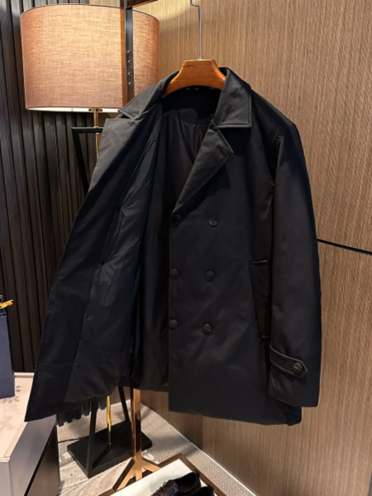 Winter high-end solid-color suit collar double-breasted medium and long trench coat down jacket