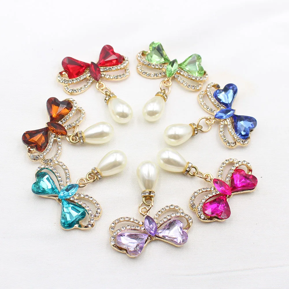 2 pieces of 35 * 45mm alloy rhinestone glass bow pearl pendant DIY wine glass decoration clothing hair accessories