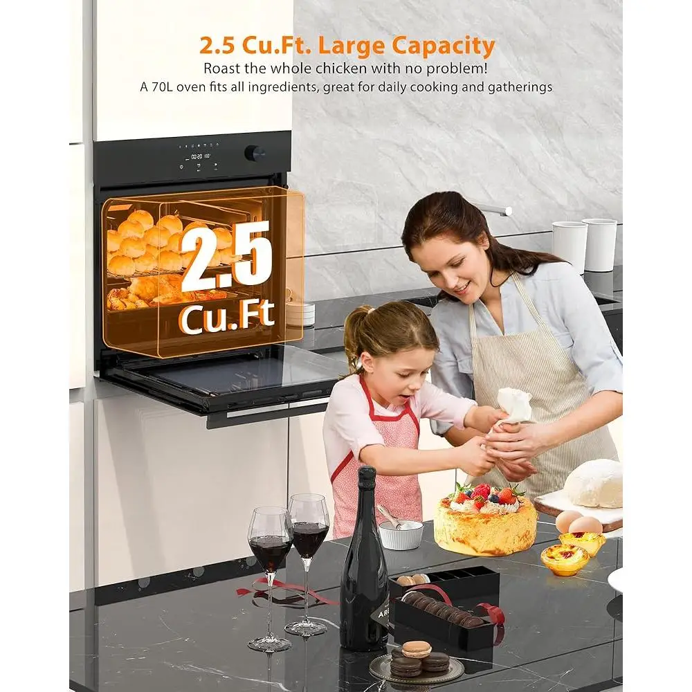 فرن حراري كهربائي مدمج مقاس 24 بوصة، 8 أوضاع للطهي، مؤقت ذكي، قفل أمان، 3 طبقات من الزجاج المقسى، سهل التنظيف