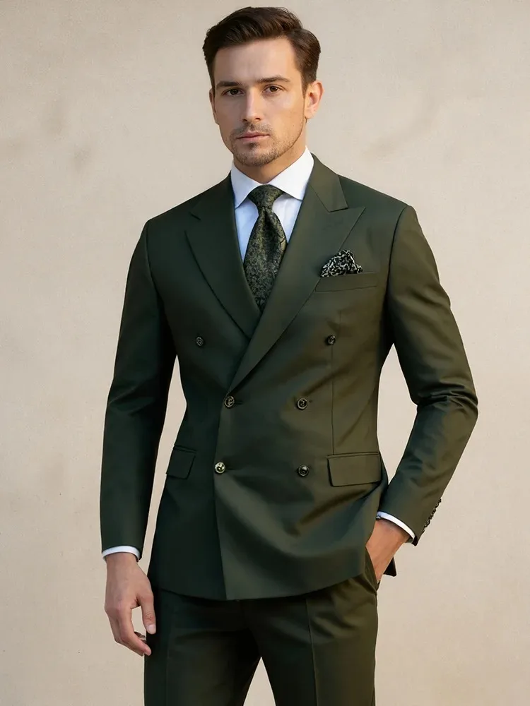 

Men's Double Breasted Blazer Jacket Army Green Tailored Fit Peak Lapel Formal Suit Coat Flap Pockets Business Casual Long Sleeve