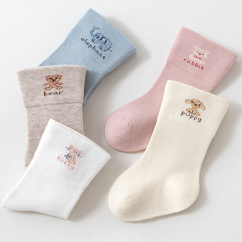 3/5 Pairs Infant Mid-Tube Socks Cartoon Embroidery Children Socks Elastic cuff Cotton Baby Socks for Boys Girls