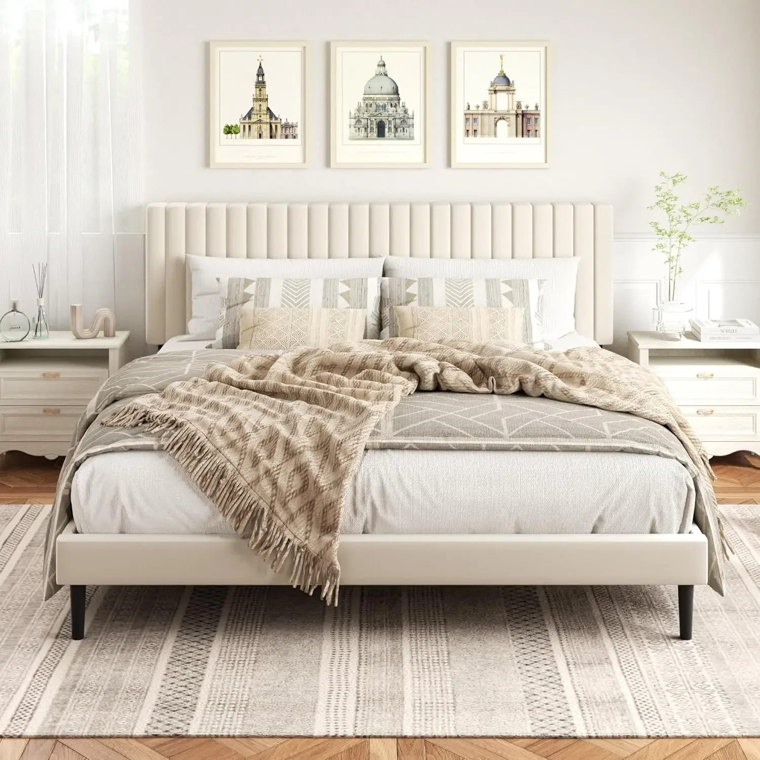 King Size Bed Frame,King Size Platform Bed Frame and Velvet Upholstered Headboard with Strong Wood Slats,asy Assembly Beige