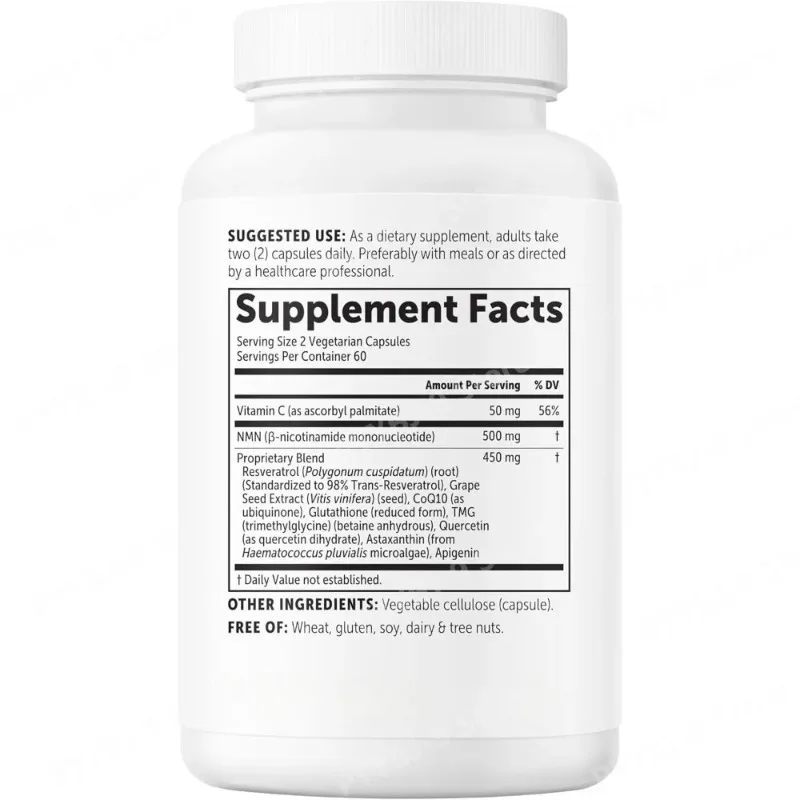 10-in-1 NMN Complex 1000 Mg with Trans-Resveratrol CoQ10 Quercetin Glutathione, 2 Capsules Daily, 120-count Veggie Caps