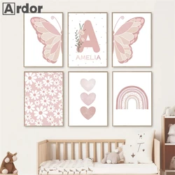Pink Heart Nursery Poster Sun Daisy Butterfly Rainbow Wall Art Canvas Painting Personalized Name Print Pictures Girl Room Decor