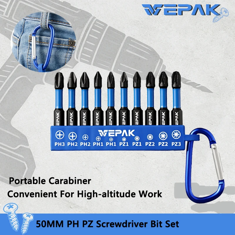 VEPAK VP1BSP50-10 PH PZ Screwdriver Bit 50MM Keychain 10-Pcs Portable Bits Tool Attachments