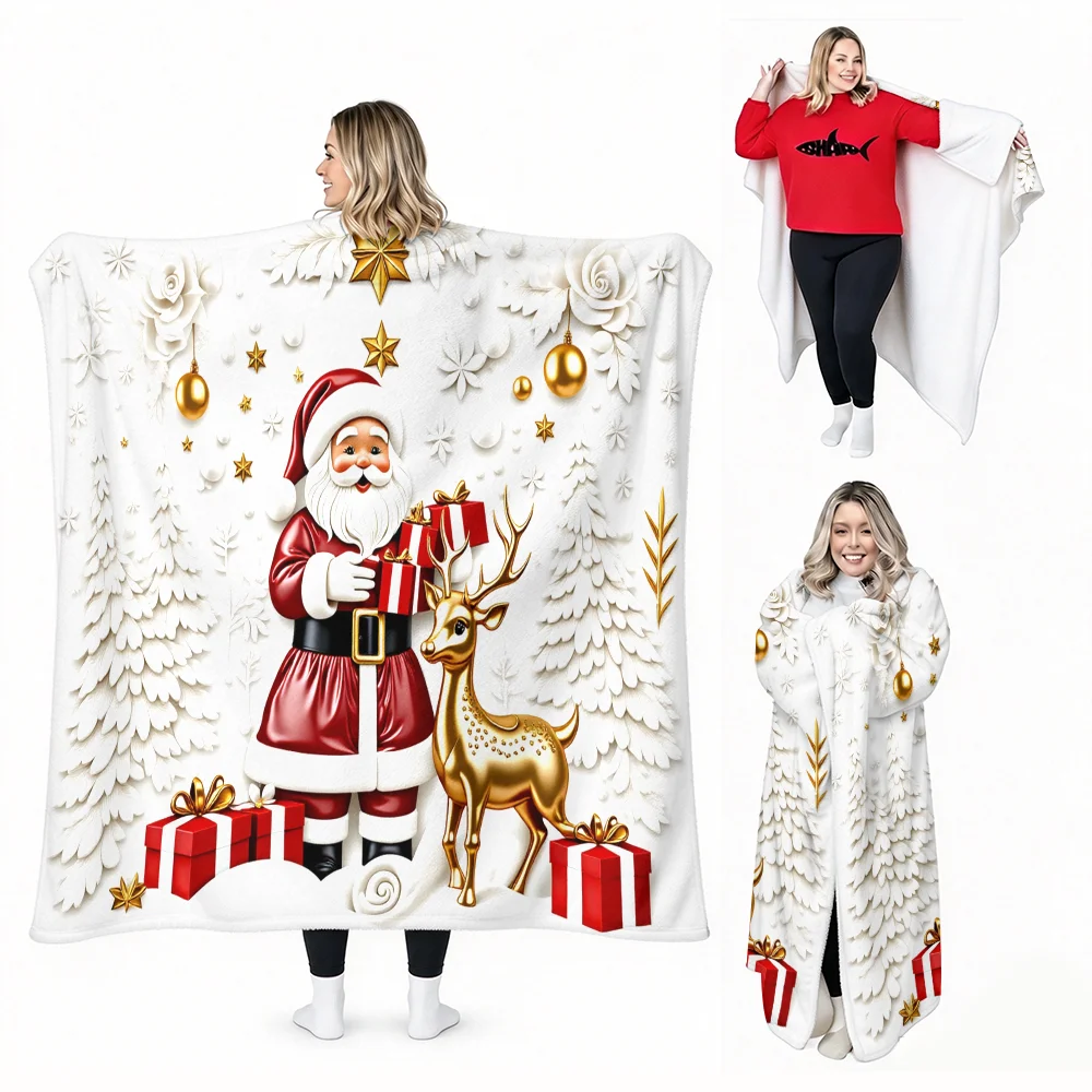 1PC Santa and Reindeer Print Wearable Blanket-Soft and comfortable for a festive atmosphere, unisex. The perfect holiday gift fo