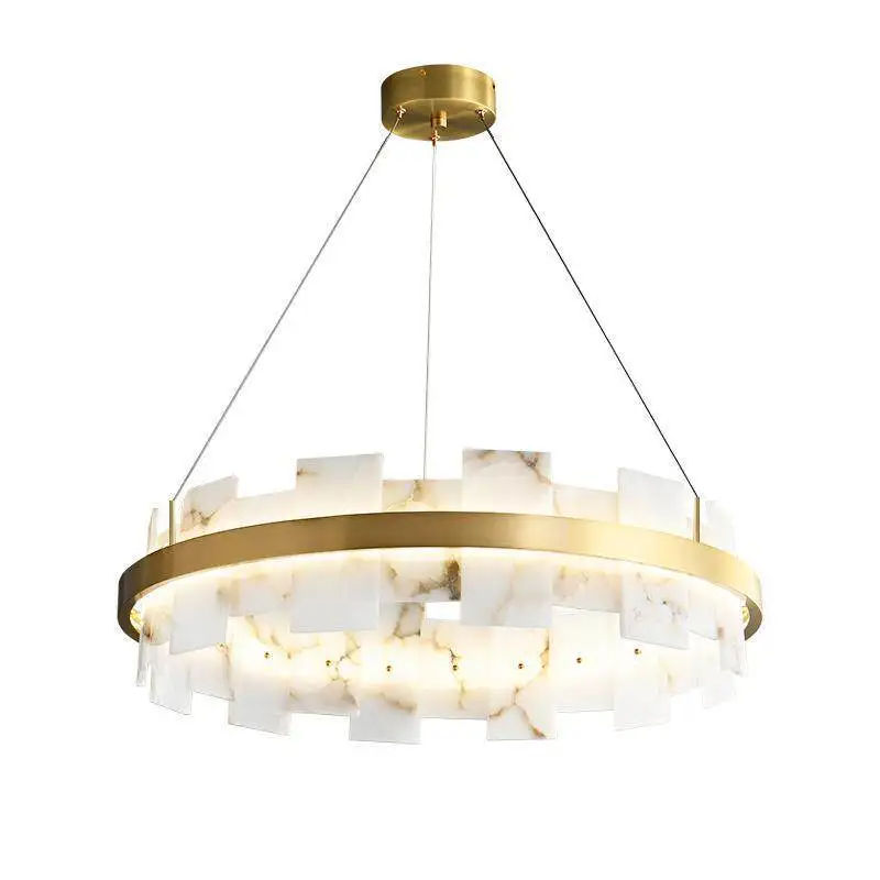 

Copper frame marble lampshade chandelier with LED light, adjustable color temperature, suitable for villa home decoration