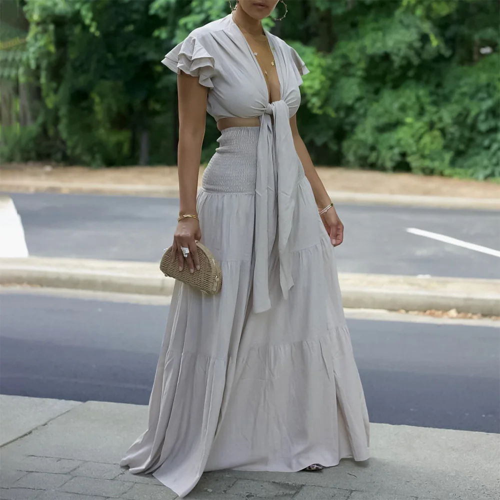 Elegant Ladies 2 Pieces Skirts Sets Clothes for Women Blouse Deep V Neck Ruffles Sleeve & Long Skirts Floor Length Birthday Set