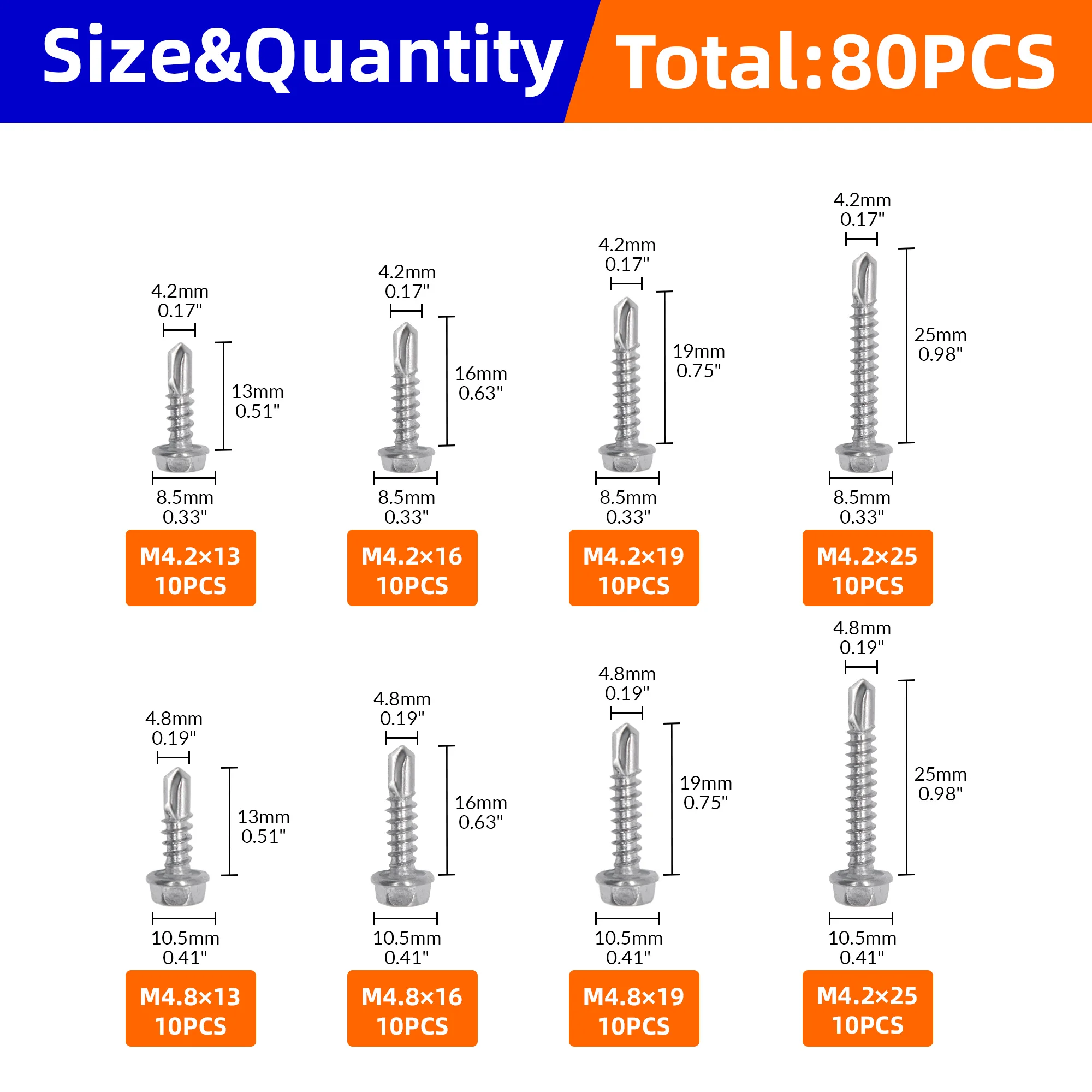 80PCS 410 stainless steel Hex Head Self Tapping Screws Assortment M4.2*13MM-26MM M4.8*13MM-26MM With Drilling Point