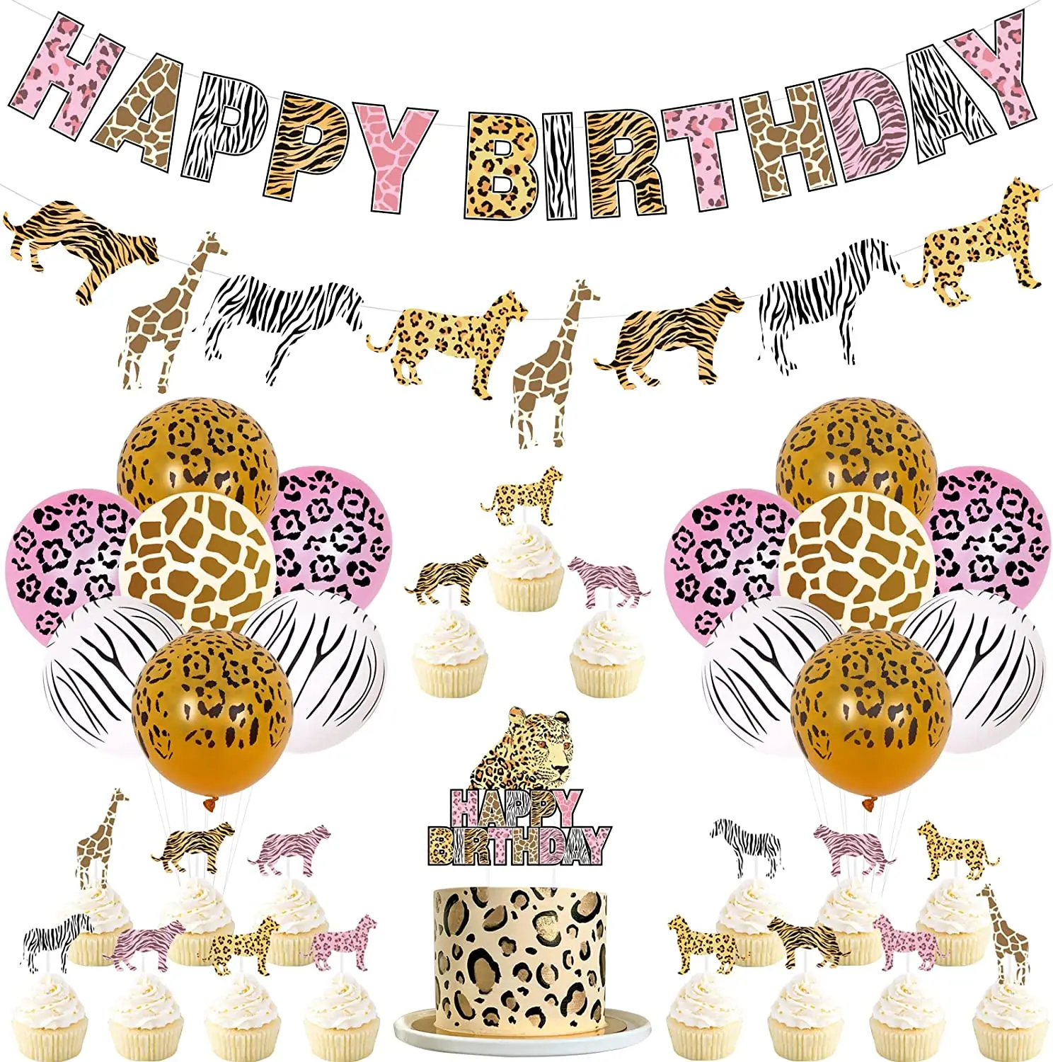 

Jungle Safari Themed Party Decorations with Happy Birthday Banner Animal Print Garland Cheetah Balloons for 1st 2nd 3rd Birthday